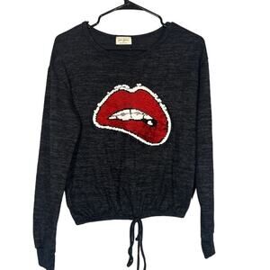 Free Kisses Black Long Sleeve Sequin Lips Adjustable Waist Sweatshirt Women Sz M
